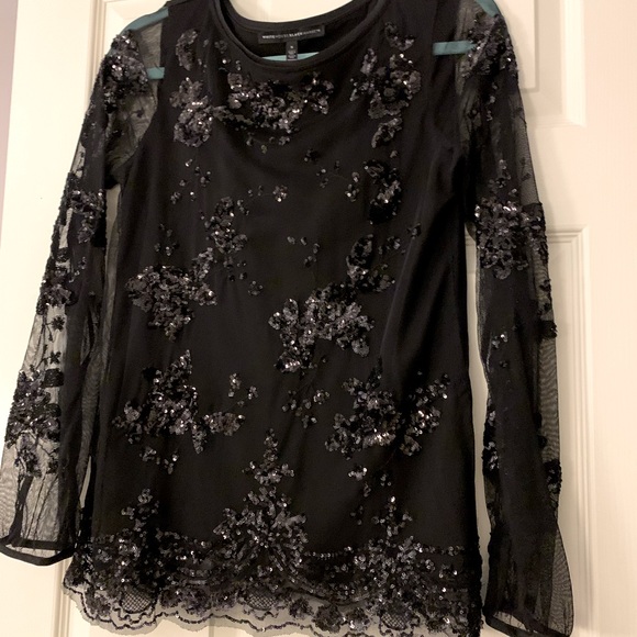 WHBM Black Sequin Mesh and Lace Top - Picture 1 of 6